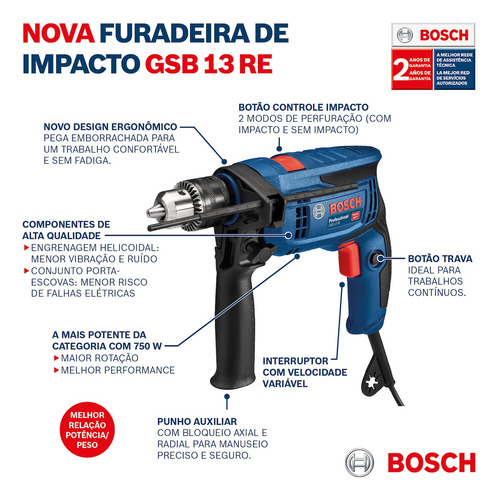 Kit Furadeira Impacto Bosch Gsb 13 Re750w Com 91 Peças 220v