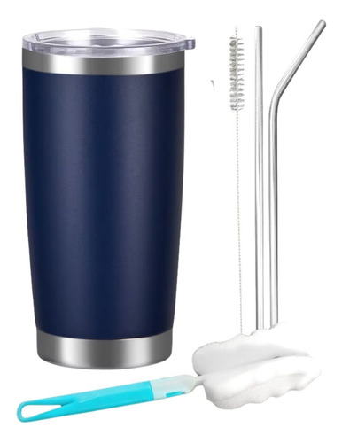 Vaso Termico 20oz Acero Inoxidable Con Tapa Y Popote Azul Marino Lisa