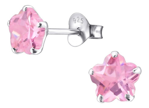 Aros Plata 925, Punto Luz Zirconita Estrella Rosa 5 Mm Niña