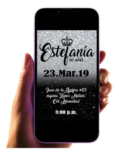 Invitación Digital Xv Años Glitter Plata Y Negro Imprimible