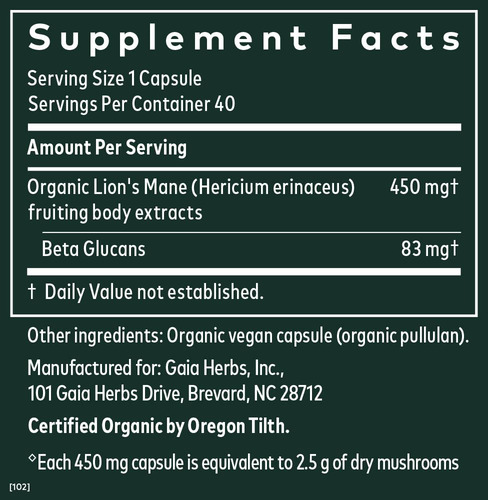Suplemento Gaia Herbs Lions Mane Mushroom 40 Cápsulas