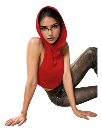 Blusa Crop Top Recta Con Capucha Sin Mangas Mujer