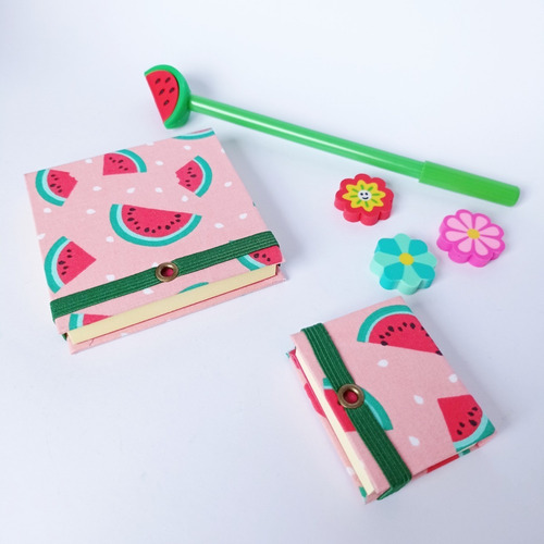 Kit Papelaria 2 Postits, 1 Caneta E 3 Borrachinhas Melancia