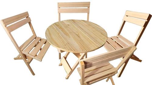 Mesa Redonda + 4 Sillas Plegables En Madera Maciza + Tabla