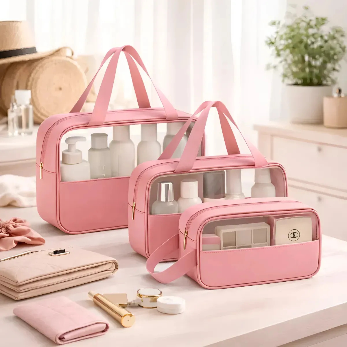 Kit Necessaire 3 Impermeável Organizador Mala Viagem Cor Rosa Desenho Do Tecido Lisa Artestore