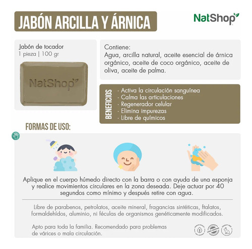 Jabón Natural De Arcilla Y Árnica - Natshop 100 Gr 3pzs
