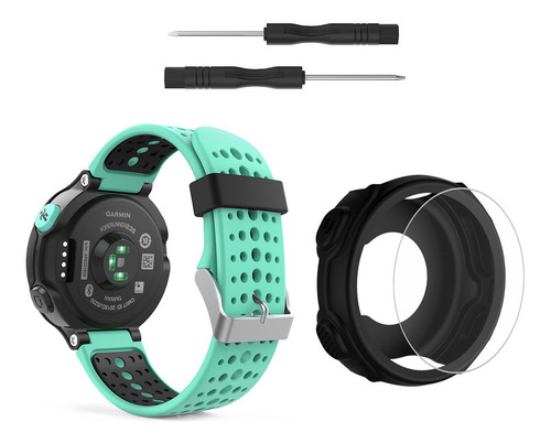 Kit 4 Pulseiras Para Garmin 235 + 2 Peliculas + 1 Capa Case Cor Verde Água - Preto