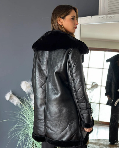 Tapado Gamulan Ecocuero Largo Mujer Elegante Para Fiesta