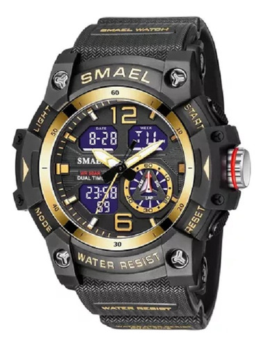 Relógio Masculino Esportivo Militar Smael 8007 Correia Preta Bisel Preto/dourado Fundo Preta