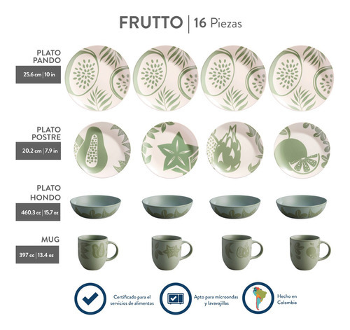 Nueva Vajilla Corona Frutto 4 Puestos 16 Piezas Verde