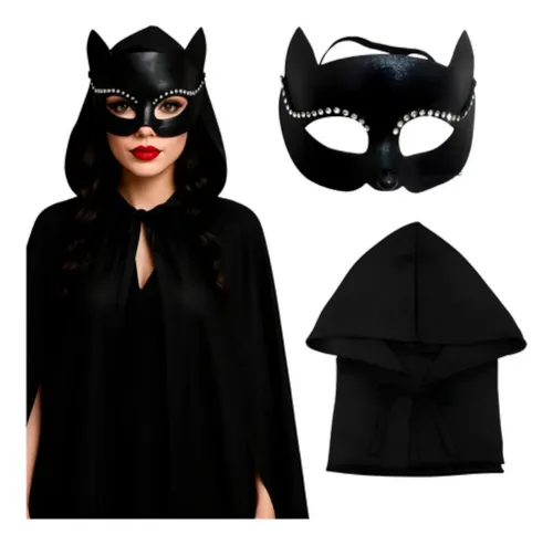 Kit Fantasia Mulher Gato Capa e Máscara Preto Zonaro Store