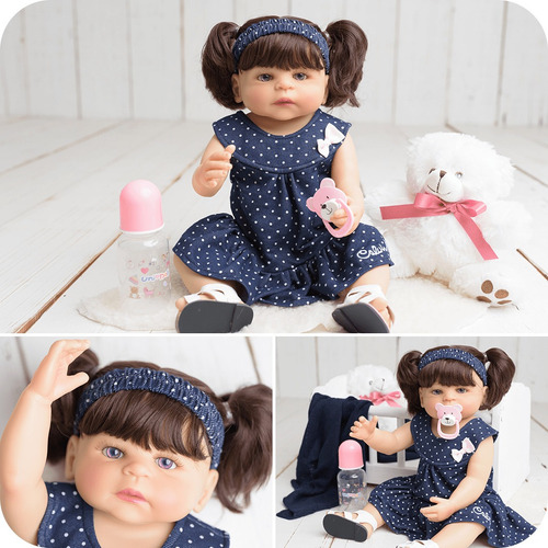 Boneca Reborn Vestido E Pelúcia Pode Dar Banho 55cm