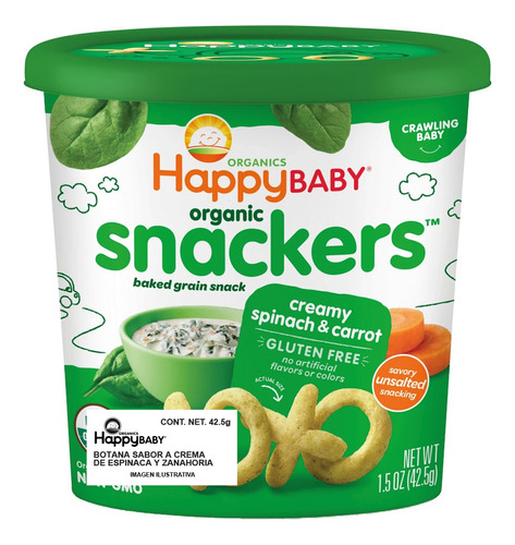 Happy Baby Snackers Orgánicos - Caja Con 6 Pz Sabor Espinaca Y Zanahoria