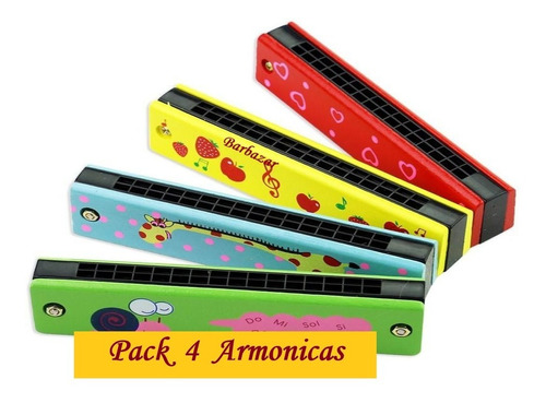 Armónica De Madera Juguete Niños Pack X 4 / Barbazar