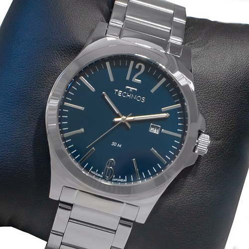 Relógio Technos Masculino Prata Azul Original Com Calendário