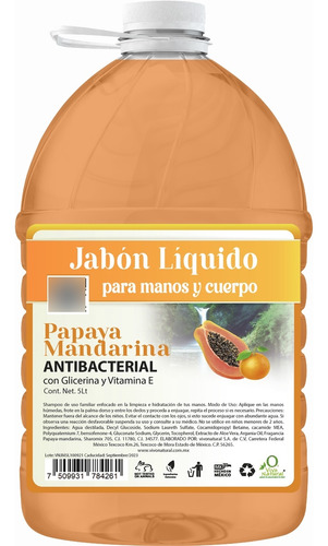 Jabón Líquido Para Manos Papaya Mandarina 5l Vivonatural