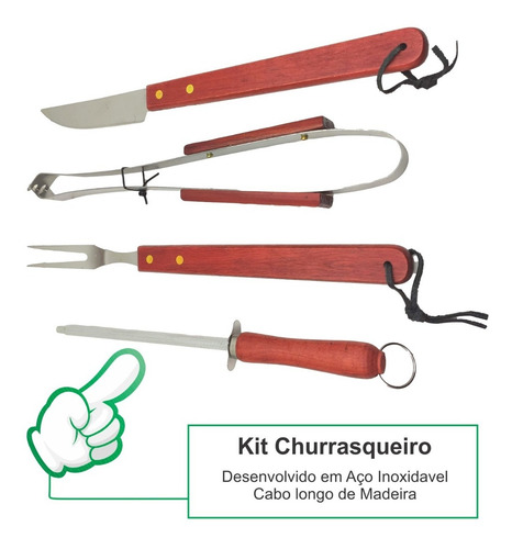 Imagem 4 de 7 de Kit Churrasqueiro Faca Pegador Garfo Cabo Longo Madeira 3 Pç