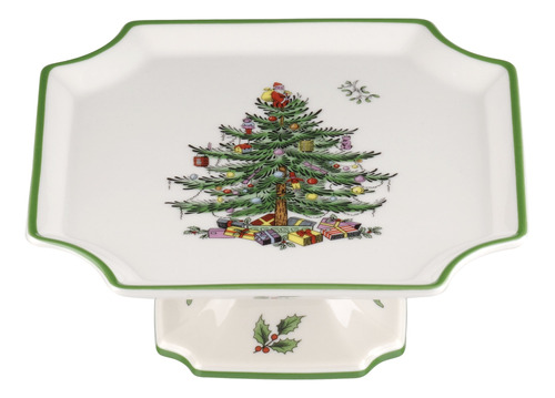 Spode Rbol De Navidad Footed Square Cake Plate, Crema/verde