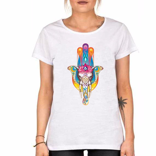 Remera De Mujer Elefante Mano De Fatima Jamsa Amuleto Ojo Le