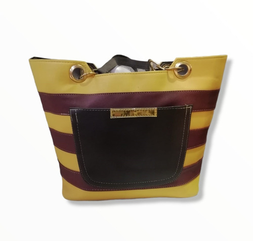 Imagen 1 de 2 de Bolsa De Dama Mostaza Con Franjas Vino