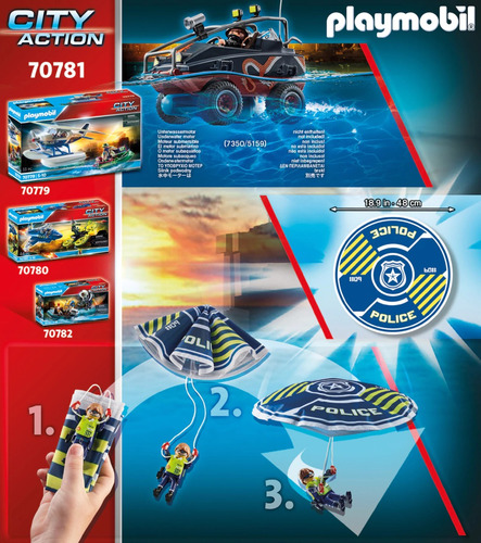 Playmobil Set Policía Paracaídas Vehículo 2 Fig +50pcs 70781 Policía Paracaídas
