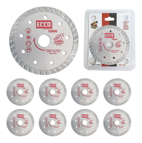 Kit 10 Discos De Corte Diamantado Turbo 110mm X 20mm Bravo