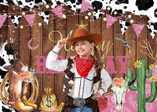 Western Cowgirl Birthdrop Telón De Fondo Estampado Vaca Pink