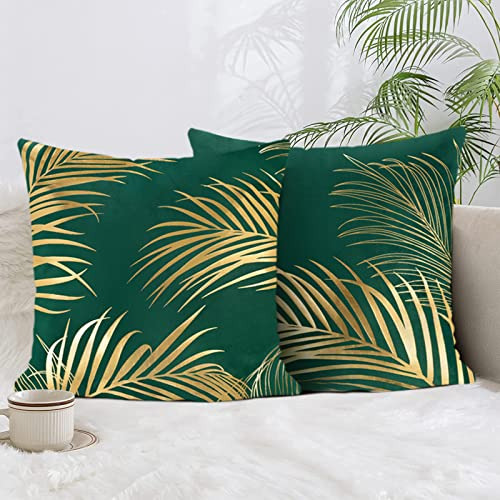 Decorative Green Pillow Covers 18x18 Set Of 2 Gold Leav...