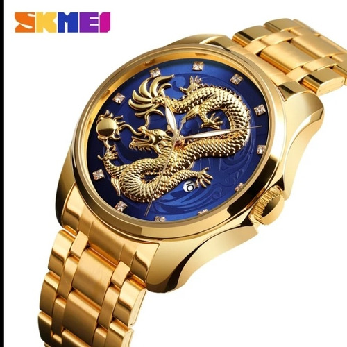 Relógio Skmei Azul Novo Dragão Dourado Relógio Prova D,agua