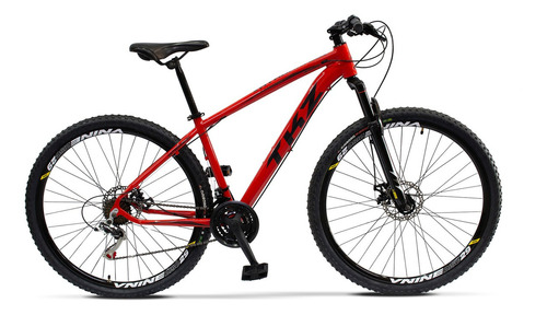 Mountain bike TKZ Yatagarasu aro 29 17" 21v freios de disco mecânico câmbio Shimano cor vermelho/preto