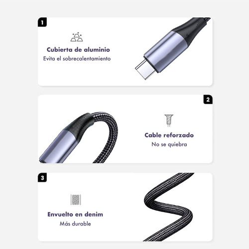Imagen 3 de 10 de Cable 2 Metros Usb C Thunderbolt 3 100w 4k 60ghz 20gbps