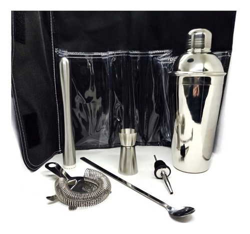 Imagen 4 de 4 de Set Barman Acero Coctelera Jigger Pisón Oruga Pico Cuchara