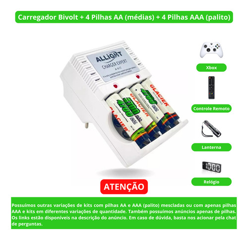 Benvine Kit 8 Pilhas Recarregáveis Aa/aaa + Carregador Rápido