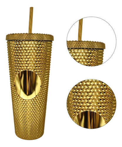 Vaso Doble Pared Termo Studded 24oz Tapa Popote Wellspring Color Oro Brillante