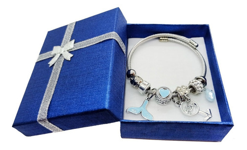 Imagen 2 de 3 de Pulsera Esclava Mujer Acero Quirúrgico Cola Ballena Celeste