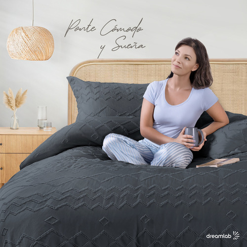 Juego de Funda Para Edredon Duvet con Textura Dreamlab, Tamaño Queen, Color Grafito