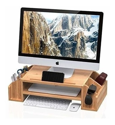 Y Soporte Para Monitor De Bambu Con 2 Niveles Y Organizador