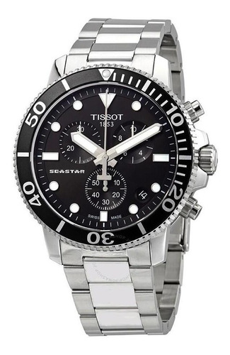 Relógio Tissot Masculino Cronógrafo Seastar 1000 Preto Cor da correia Prateado