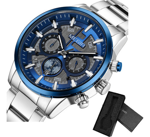 Relógio esportivo Megir Luminous Steel Belts com cor de fundo do cronógrafo: prata/azul