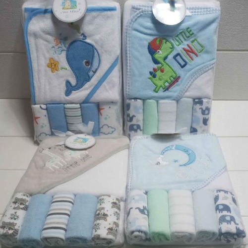 Set Toalla Con Capucha Bebe 5 Mas Toallitas Multiuso Baño