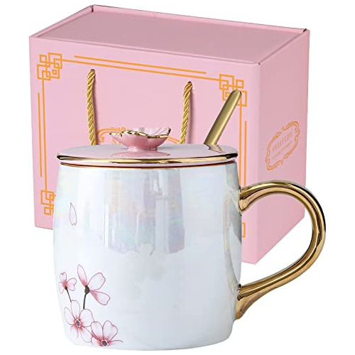 Taza De Cerámica De Flor De Cerezo De 13.5 Oz Tapa, Cu...