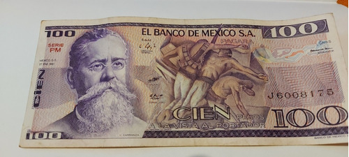 Antiguo Billete 100 Pesos Venustiano Carranza Chac Mool 1981