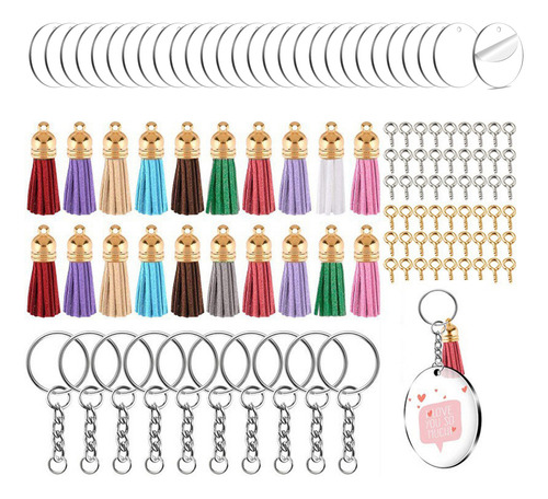 Juego De 200 Kit Llaveros Acrílico Transparente Con Borlas