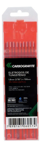 Eletrodo De Tungstênio 1,6mm 2% Tório Carbografite 150mm