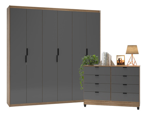 Conjunto Guarda-roupa 6 Portas + Cômoda 8 Gavetas Cinza Grafite/madeirado Para Quarto Completo Design Moderno