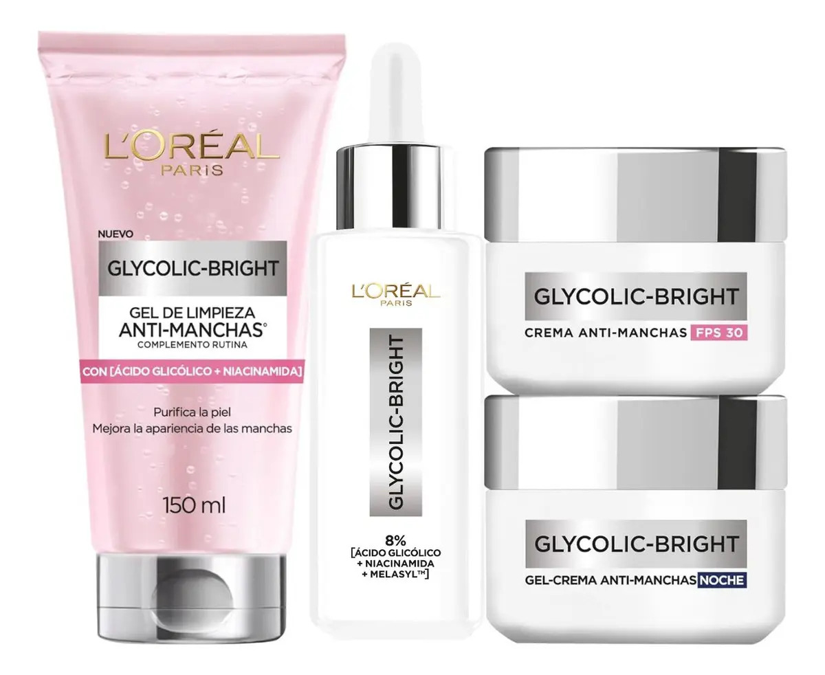 L'Oréal Paris Kit Anti-Manchas Glycolic Bright Rutina Completa con Ácido Glicólico y Niacinamida Sérum de Rostro 30ml + Crema Hidratante de Día 50ml + Crema de Noche 50ml + Limpiad