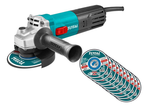 Imagen 4 de 10 de Amoladora Angular Total 750w Con 10 Discos De Corte 115