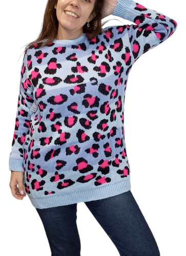 Sweaters Mujer Animal Print Lana Super Abrigados Celeste Xl 