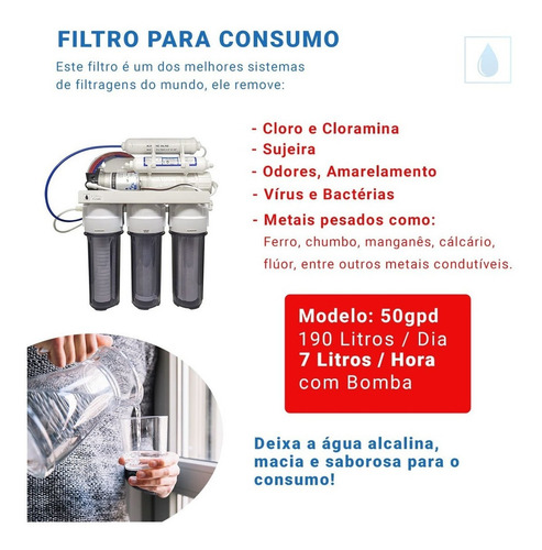 Filtro Osmose Reversa Consumo 100gpd 6 Estágios Com Bomba