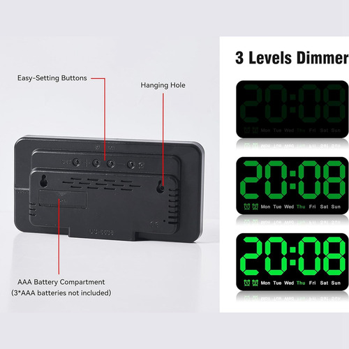 Reloj De Pared Digital De 9.5 Pulgadas, Despertador Led Con